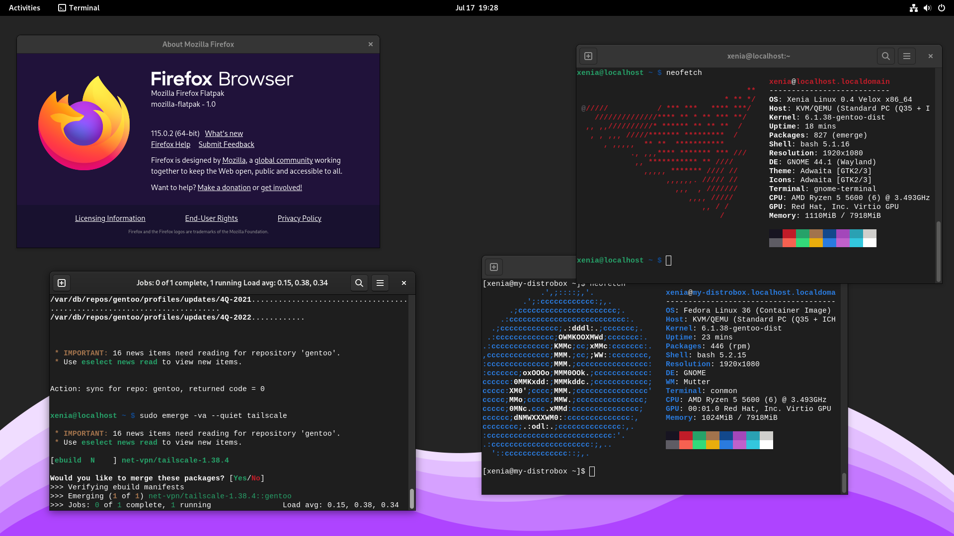 A screenshot of Xenia Linux showing all 3 packaging options: A Firefox flatpak window, a Fedora distrobox and an emerge running for Tailscale